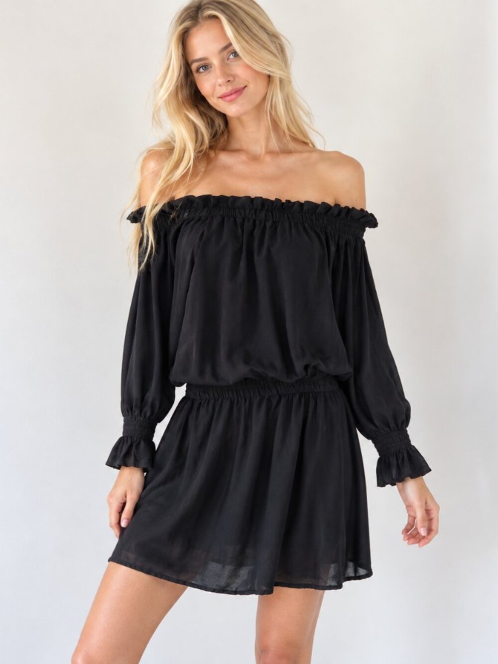 Fresha Black Off Shoulder Blouson Mini Dress Long Sleeve Ruffle Boho Flowy LBD M